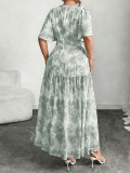 Women Plus Size Maxi Dress Slim Waist Pleated Print Long Dress