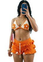 Women Summer Beach Crochet Set Ruffle Lace-Up Crop Top Shorts Casual Vacation Set