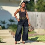 Women Denim Pants Leopard Double Waist Streetwear Jeans