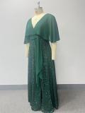 Women Evening Dress V Neck High Slit Sequin Chiffon Maxi Dress
