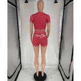 Women Fashion Two Piece Set Polka Dot Short Sleeve Top Shorts Outfit