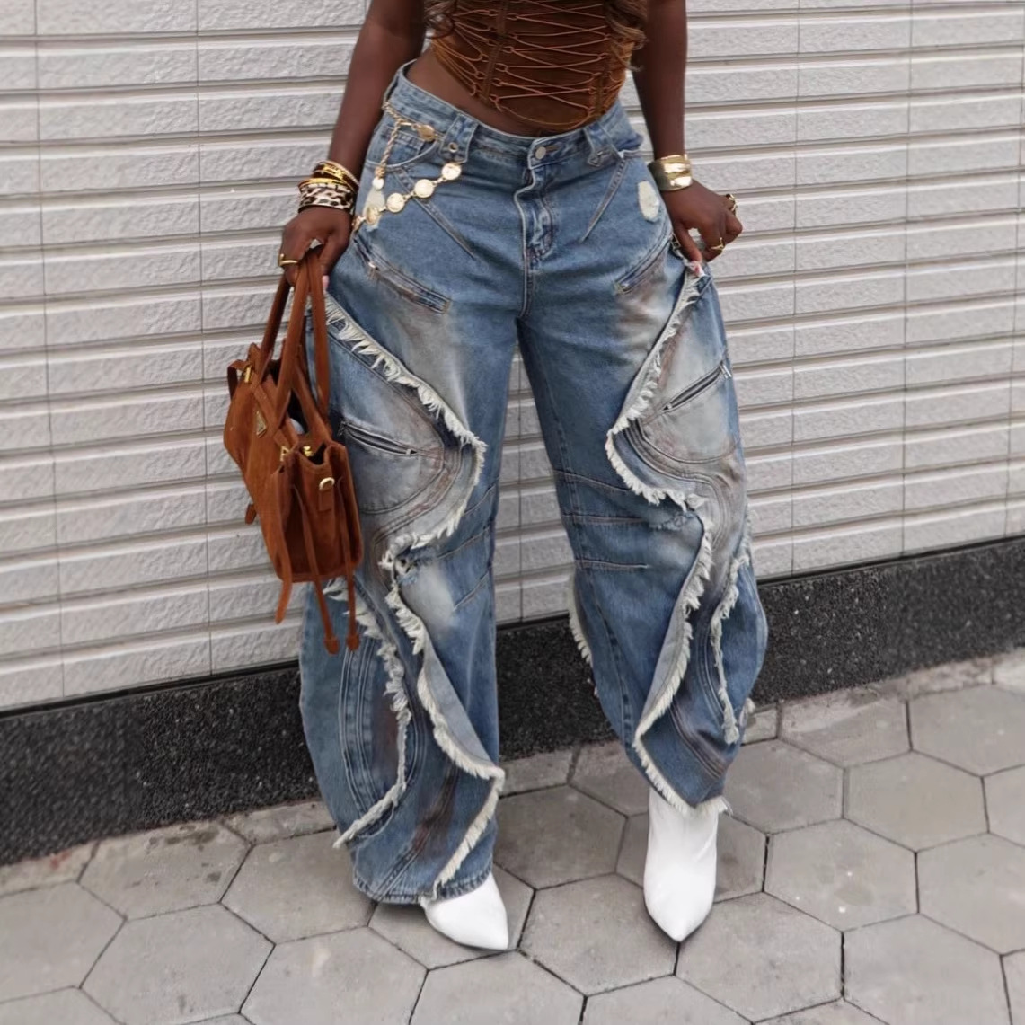 Ripped Raw Edge Denim Jeans for Casual Streetwear