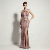 Women Evening Dress Halter Neck Sequin High Slit Slim Fit Party Gown