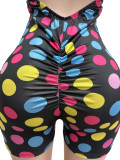 Women Polka Dot Print Shorts Halter Neck Deep V Low Back Stretch Casual Romper