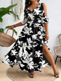 Women Plus Size Vacation Dress Print V-neck Slit Maxi Dress