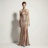 Women Evening Dress Halter Neck Sequin High Slit Slim Fit Party Gown