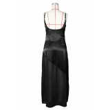 Women Evening Dress Satin Chiffon Patchwork Strap Maxi Dress