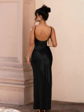 Women Evening Dress Satin Chiffon Patchwork Strap Maxi Dress