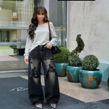 Women Denim Pants Patchwork Ripped Straight Jeans