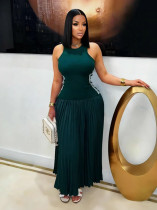 Women Maxi Dress Striped Sleeveless Pleated Slim Waist Long Dress
