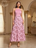Women Evening Dress Halter Neck Print Patchwork Maxi Dress Party Gown