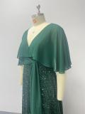 Women Evening Dress V Neck High Slit Sequin Chiffon Maxi Dress