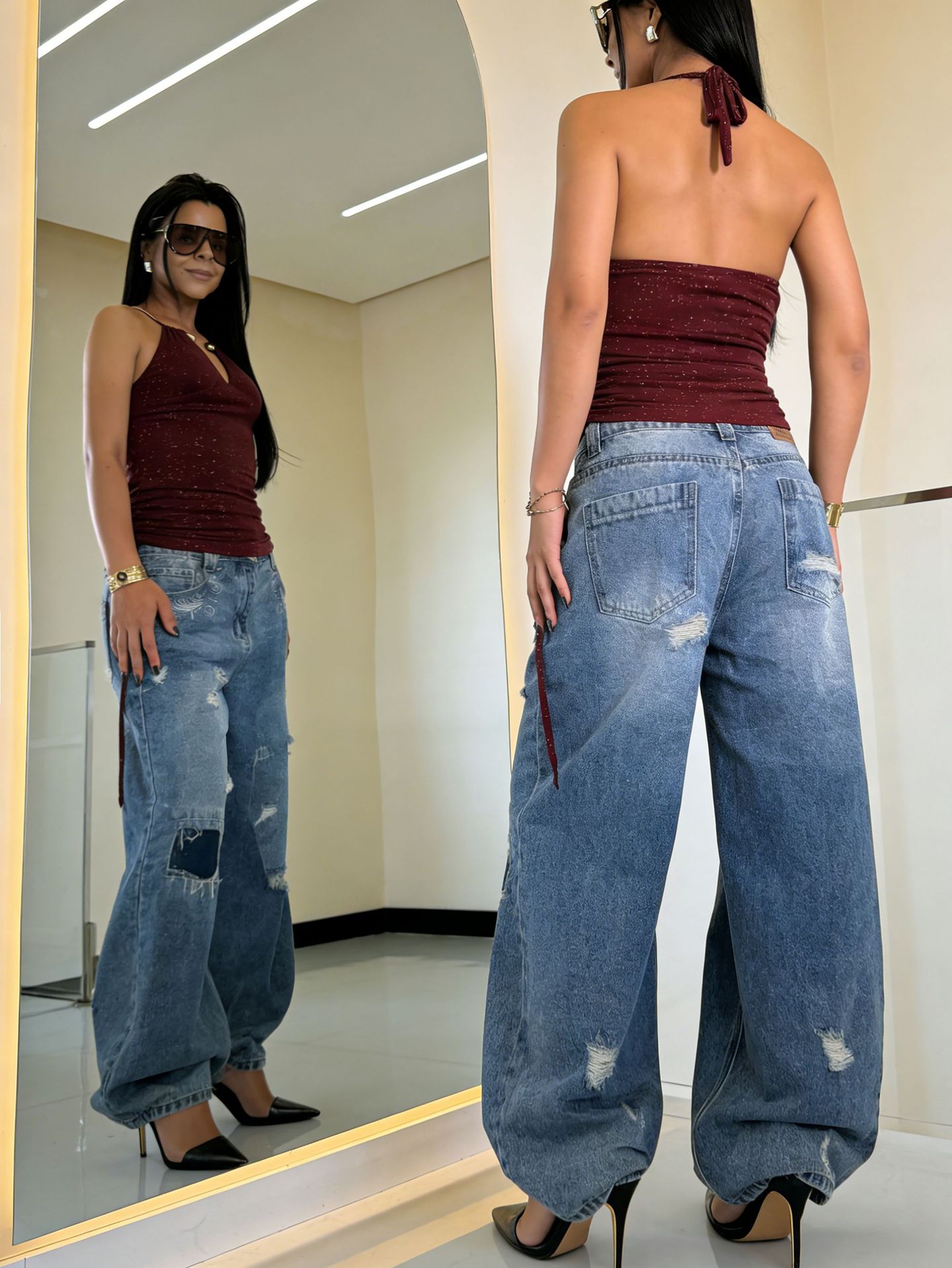 Ripped Patchwork Denim Jeans for Casual Streetwear