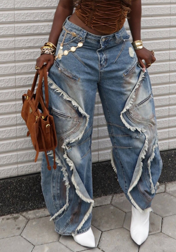 Women Denim Pants Ripped Raw Edge Street Jeans