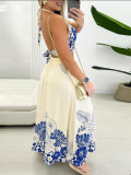 Women Two Piece Set Print Halter Neck Low Back Long Skirt Outfit