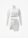 Women Sexy Two Piece Set Crop Shirt Lace-Up Button Slit Skirt Design Outfit