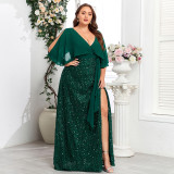 Women Evening Dress V Neck High Slit Sequin Chiffon Maxi Dress