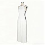 Women Maxi Dress Striped Sleeveless Pleated Slim Waist Long Dress