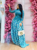 Women Maxi Dress Abstract Print Mesh Patchwork Stand Collar Gown