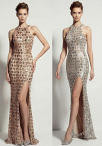 Women Evening Dress Halter Neck Sequin High Slit Slim Fit Party Gown Women Evening Dress Halter Neck Sequin High Slit Slim Fit Party Gown