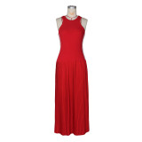 Women Maxi Dress Striped Sleeveless Pleated Slim Waist Long Dress