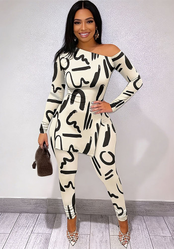 Women Black White Two Piece Set Print Off Shoulder Top Tight Pants Outfit