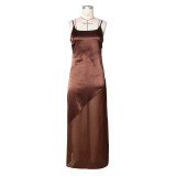 Women Evening Dress Satin Chiffon Patchwork Strap Maxi Dress