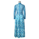Women Maxi Dress Abstract Print Mesh Patchwork Stand Collar Gown