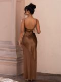 Women Evening Dress Satin Chiffon Patchwork Strap Maxi Dress