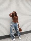 Women Denim Pants Ripped Raw Edge Street Jeans