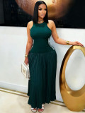 Women Maxi Dress Striped Sleeveless Pleated Slim Waist Long Dress