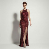 Women Evening Dress Halter Neck Sequin High Slit Slim Fit Party Gown