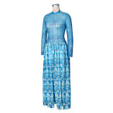 Women Maxi Dress Abstract Print Mesh Patchwork Stand Collar Gown