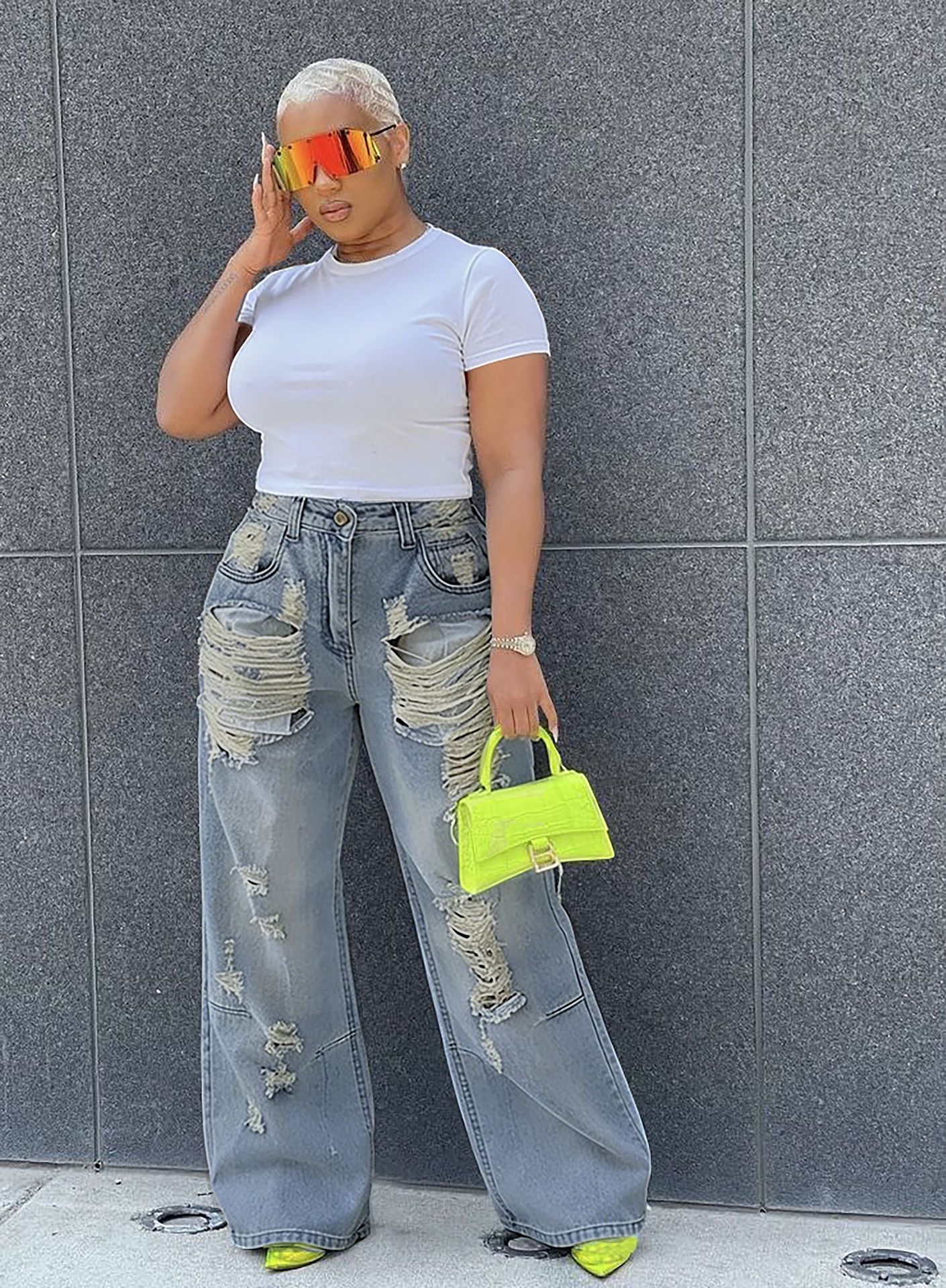 Ripped Washed Straight Denim Jeans for Casual Streetwear