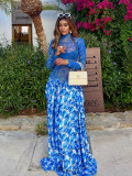Women Maxi Dress Abstract Print Mesh Patchwork Stand Collar Gown