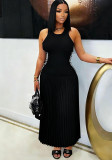 Women Maxi Dress Striped Sleeveless Pleated Slim Waist Long Dress