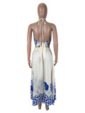 Women Two Piece Set Print Halter Neck Low Back Long Skirt Outfit