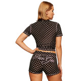 Women Fashion Two Piece Set Polka Dot Short Sleeve Top Shorts Outfit
