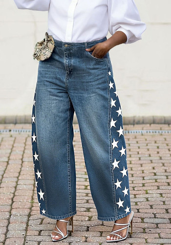 Women Denim Pants Star Print Streetwear Jeans