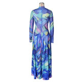 Women Maxi Dress Abstract Print Mesh Patchwork Stand Collar Gown