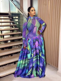 Women Maxi Dress Abstract Print Mesh Patchwork Stand Collar Gown