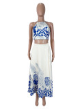 Women Two Piece Set Print Halter Neck Low Back Long Skirt Outfit