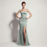 Women Evening Dress Lace-Up High Slit Mermaid Maxi Formal Gown