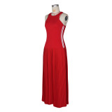 Women Maxi Dress Striped Sleeveless Pleated Slim Waist Long Dress