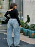 Women Denim Pants Patchwork Ripped Straight Jeans
