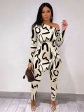 Women Black White Two Piece Set Print Off Shoulder Top Tight Pants Outfit