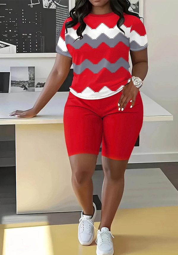 Women Two Piece Set Striped Print Round Neck T-shirt Shorts Outfit