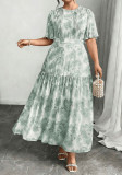 Women Plus Size Maxi Dress Slim Waist Pleated Print Long Dress