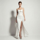Women Evening Dress Lace-Up High Slit Mermaid Maxi Formal Gown