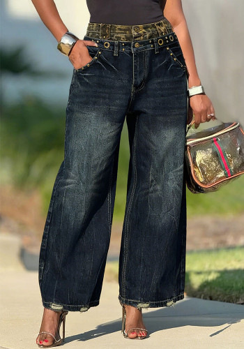 Women Denim Pants Leopard Double Waist Streetwear Jeans
